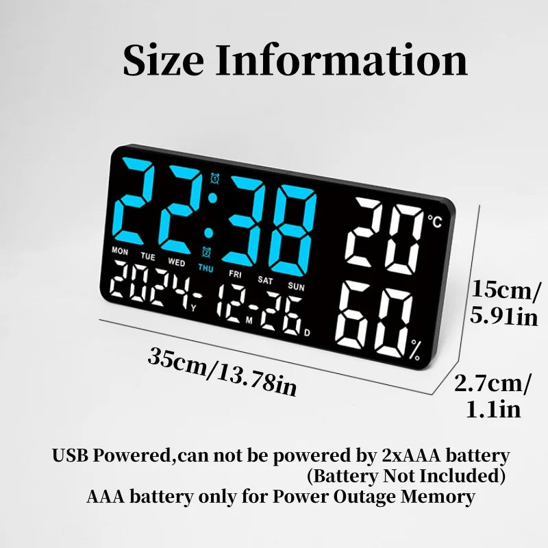 Large Digital Wall Clock with 7Colors Mood Light 2 Alarm TEMP Humidity Date Table Clock 12/24H Timing Countdown LED Alarm Clock