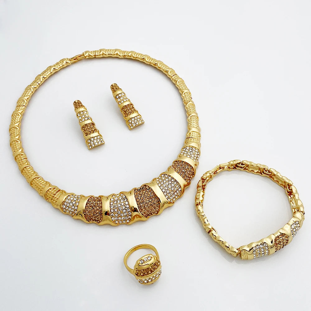 Dubai Jewelry Set For Women 18K Gold Plated Luxury Necklace Earrings Bracelet Ring For Wedding Party Mother's Day Gift On Sale
