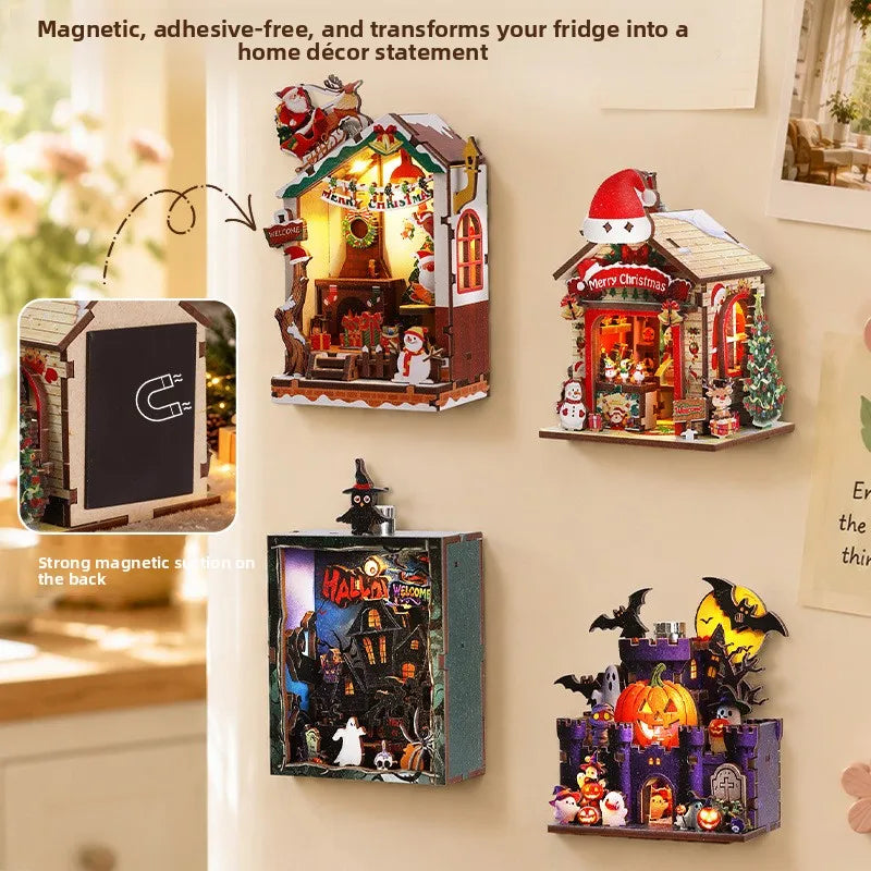 DIY Wooden Dollhouse Kit Warm Christmas Halloween Lodge Cabin with Furniture LED Lights 3D Assembly Magnetic Fridge Sticker