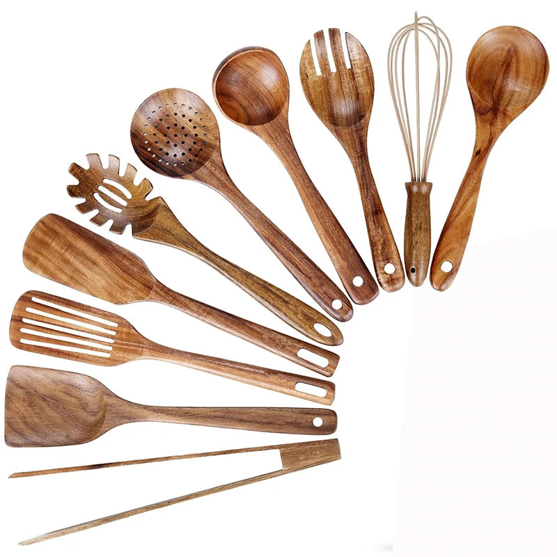 LMETJMA 10 Pack Natural Teak Wooden Kitchen Utensil Set Wooden Spoons Spatula Cooking Utensil Set For Cooking Baking JT503