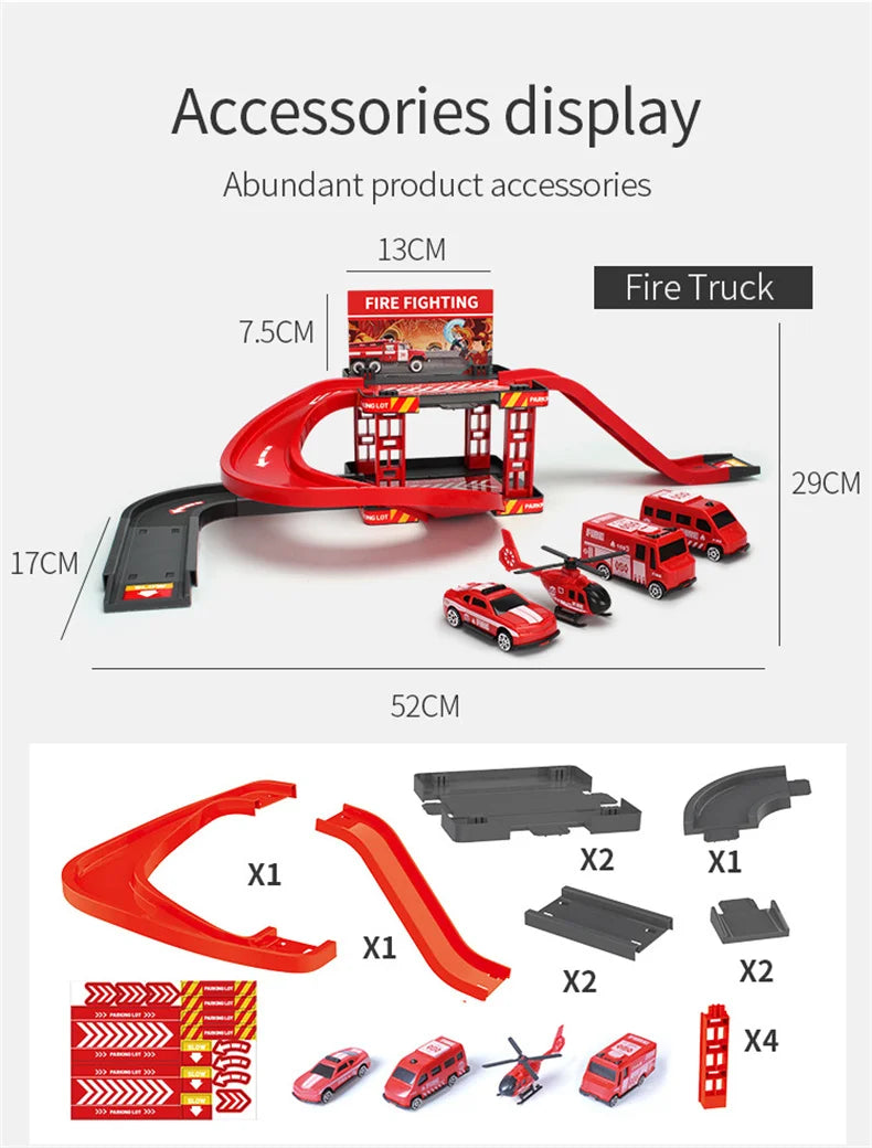 Track Parking Lot Toys Multi-Storey Rail Car Parking Building Fire Police Engineering Vehicle Car Children's Toys