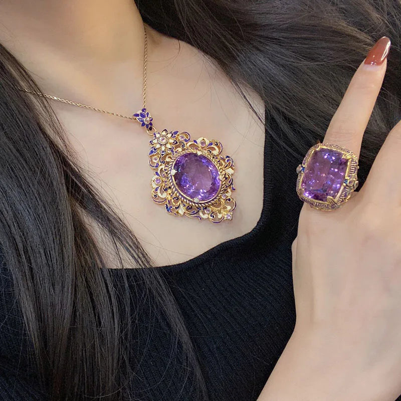 Foydjew Italian Vintage Jewelry Enamel Color Amethyst Rings Pendant Necklaces Medieval Style Banquet Jewelry Sets For Women