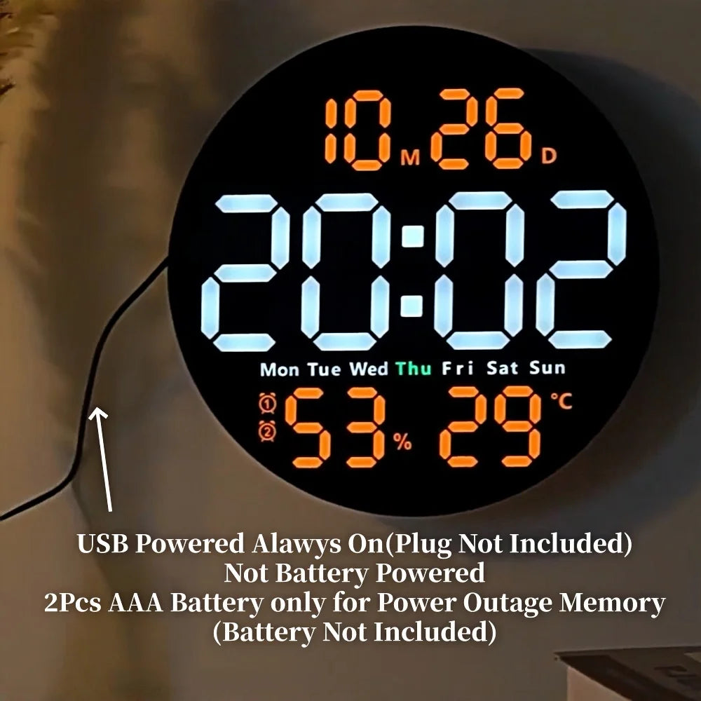 10 Inch Remote Control Digital Wall Clock Temperature Humidity Date Week Timing Countdown 2 Alarm Auto Dimmer LED Alarm Clock