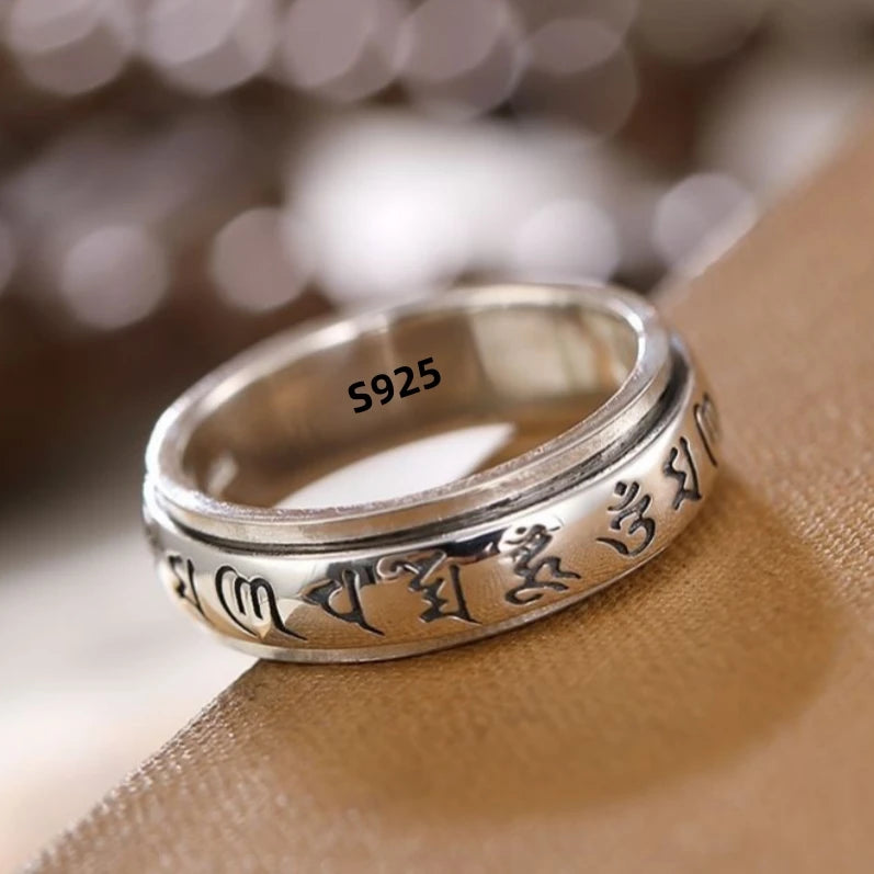 Factory Price S925 Silver Sanskrit Mantra Rotating Men's Ring Literary Simplicity Retro Personality Ring Jewelry Creativity Gift