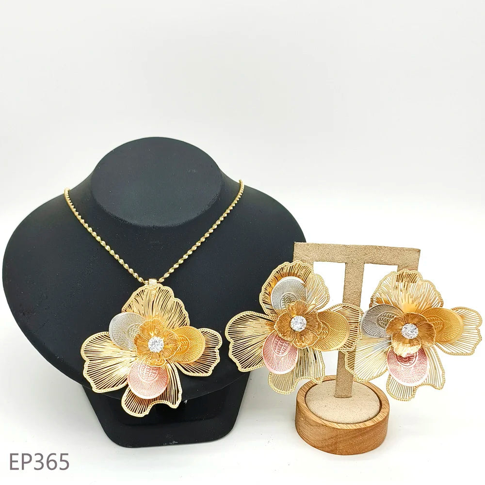 Fashion Dubai Jewelry Sets Gold Color Pendant Copper Classic Earrings Necklace For Women Daily Wear Party Anniversary Gifts