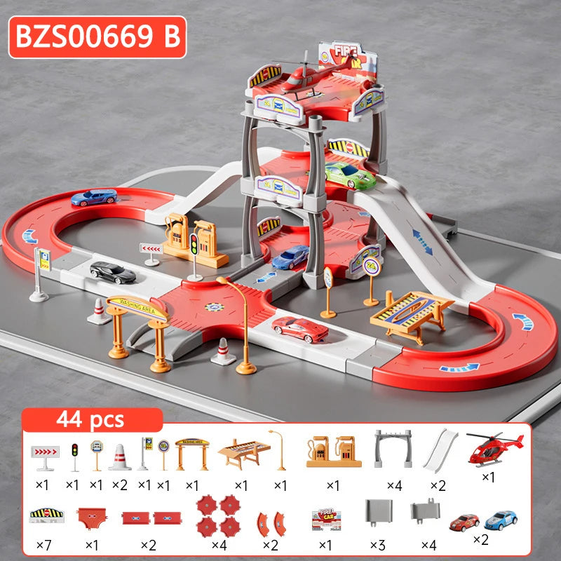 Children Parking Lot Ramp Track Car Toys Urban Rail Construction Vehicles Play Set Race Tracks Road Games Preschool Boys Gifts