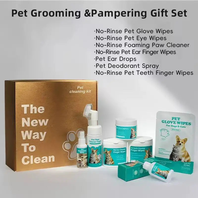 Pet Cleaning Glove Wipes Gift Set, Multi-Functional Disposable Wipes for Cats & Dogs, Tear Stain, Teeth & Body Care, Rinse-Free
