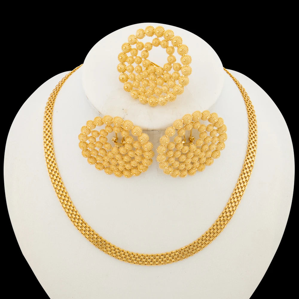 Necklace Earrings Ring Jewelry Set for Women  Gold Plated Clip Earrings and Finger Ring 2Pcs Set for Engagement Daily Wear Gifts