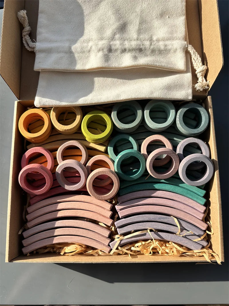 New Beech Wood Arch Stacking Blocks Rainbow Bending Wooden Building Timber Toys Set for Kids Creative Play