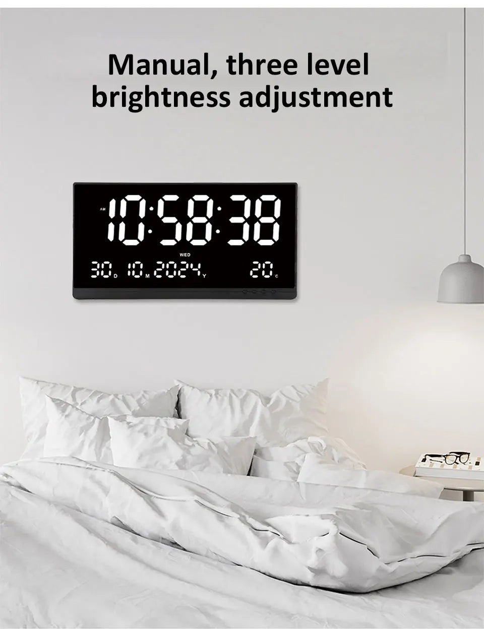 21 Inch Large Digital Wall Clock USB Powered Time Calendar 12/24H Time/Day/Month/Year/Temp Display Electronic LED Alarm Clock