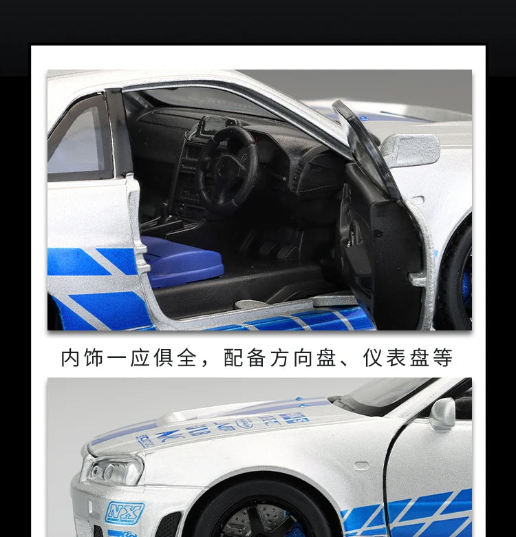 1:32 Scale GTR R34 R35 Diecast Model Alloy Toy Sport Cars Sound Light Pull Back high simulation Kid Birthday Gift Collect