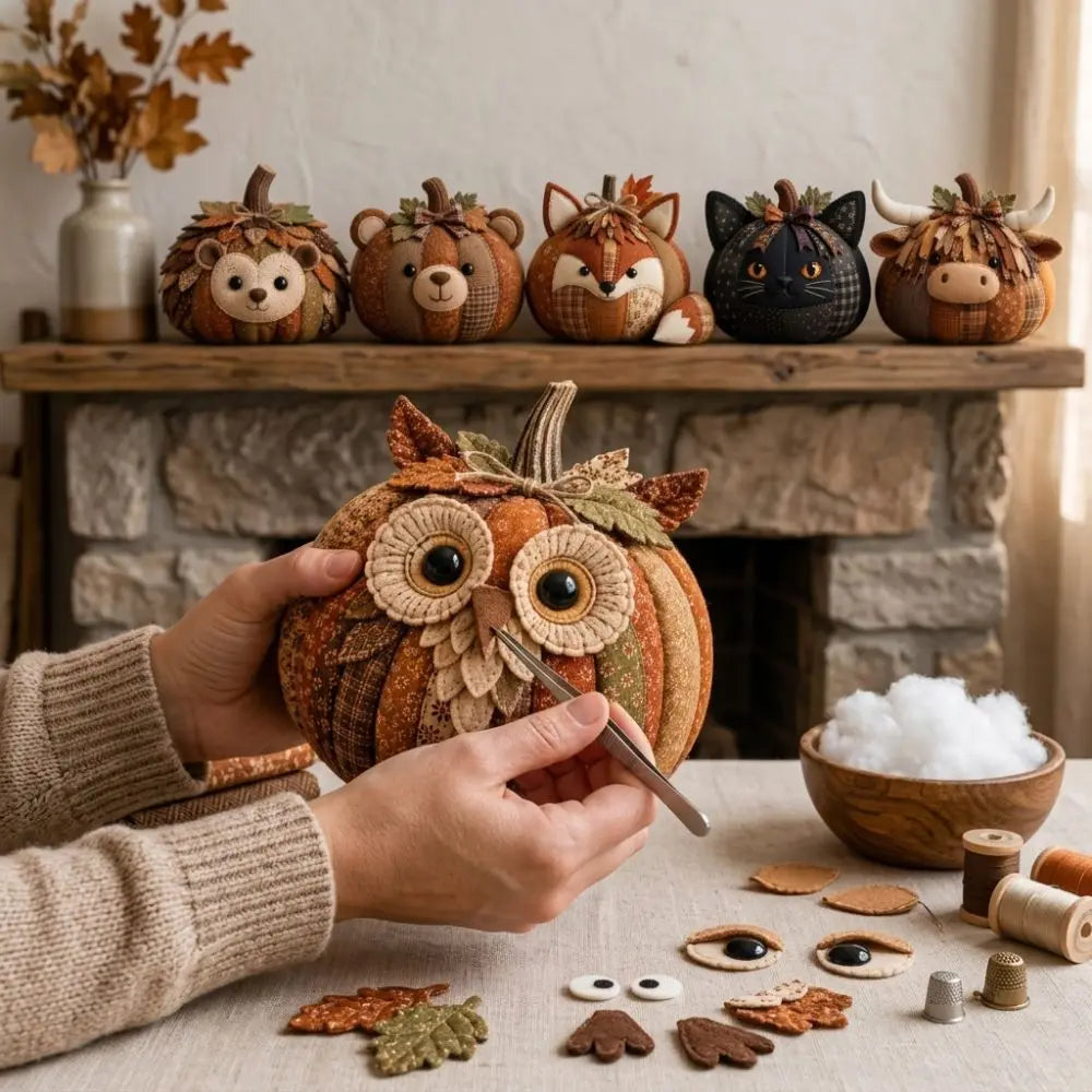Vintage Style Whimsical Patchwork Pumpkin Fabric Kit Owl Bear Floral Fabric Halloween DIY Sewing Kit Stress Craft Cow Cat