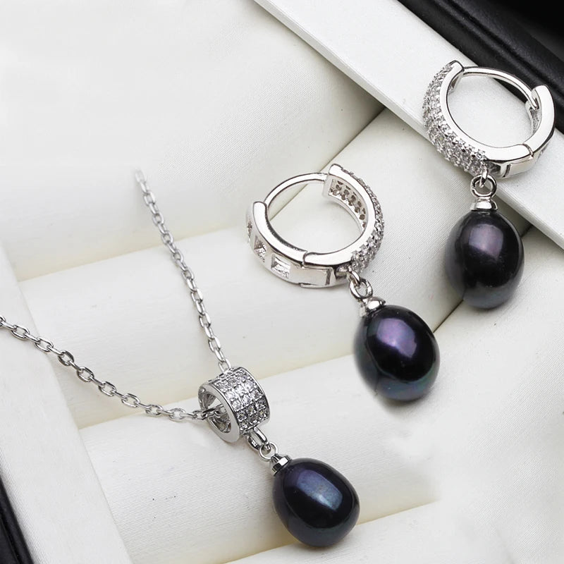 Natural Freshwater Pearl Necklace And Earrings Set Woman,Luxury 925 Silver Pearl Jewelry Set Wife Mother Birthday Gift White