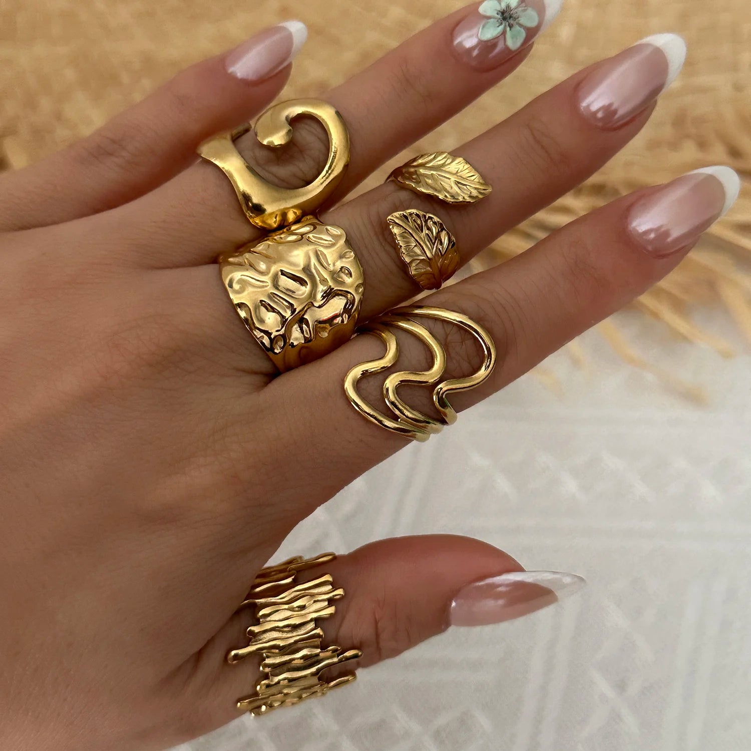 Gmai PVD Plated Stainless Steel Open Rings Set for Women Vintage Sun Leaf Shell Geometric Cuff Ring Hypoallergenic Jewelry Gift