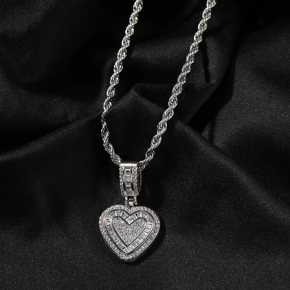 THE BLING KING Baguette CZ Small Heart Shaped Pendant Necklace For Women Iced Out 5A+ Cubic Zironia Lovely Jewelry Birthday Gift
