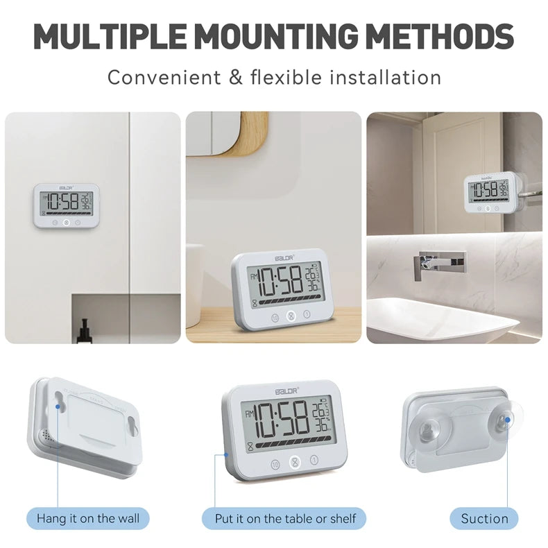 BLADR Touch Digital Shower Hygrometer Thermometer P54 Waterproof LCD Bathroom Kitchen Audible Atomic Alarm Clock Countdown Timer