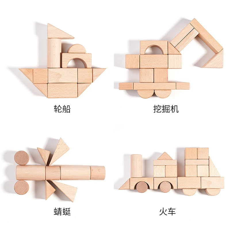 Kawaii 100Pcs Unpainted Beech Wooden Large Building Blocks Toddler Stacking Construction Preschool Educational Gift