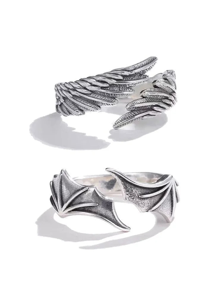 Huitan Vintage Angel Wing Demon Eye Hip Hop Adjustable Couples Rings for Men Women Retro Silver Color Jewelry