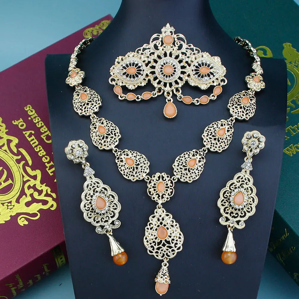Sunspicems Chic Arabic Bride Jewelry Sets For Women Gold Color Crystal Morocco Belt Necklace Caftan Brooch Earring Muslim Sets