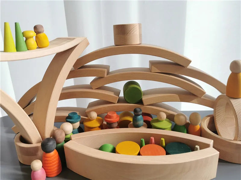 New Beech Wood Arch Stacking Blocks Rainbow Bending Wooden Building Timber Toys Set for Kids Creative Play