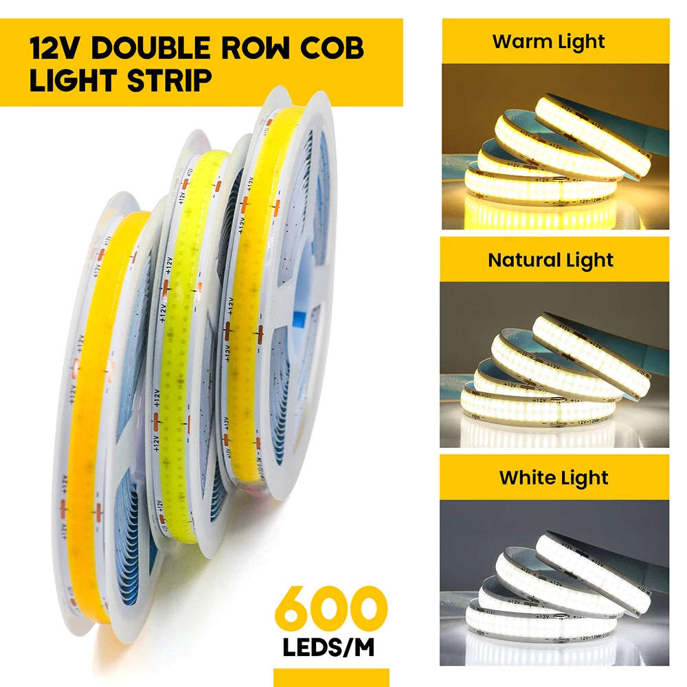 12V 24V COB LED Strip Light 1 2 5 Rows Super Bright 320 600 1600LED/M Flexible Tape High Density Linear Lights 3000K 4000K 6500K