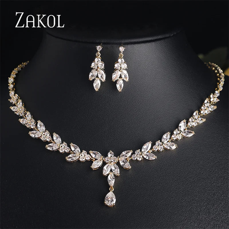 ZAKOL Luxury Brilliant Zirconia Leaf Necklace Earrings Rings Bracelets Set for Women CZ Drop Bridal Wedding Jewelry Sets New
