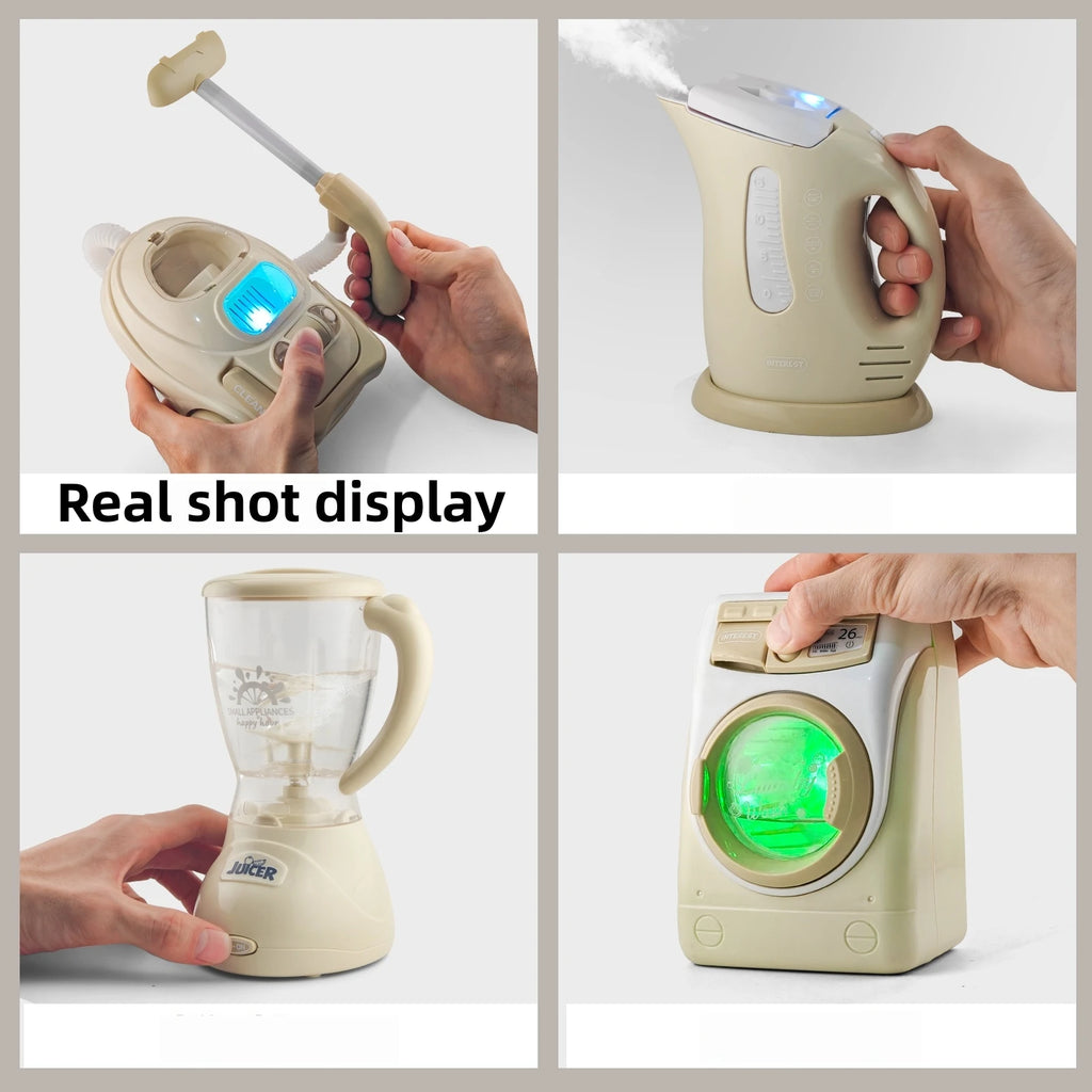 Children's simulated small household appliances, such as washing machines, vacuum cleaners, irons, juicers, and toys
