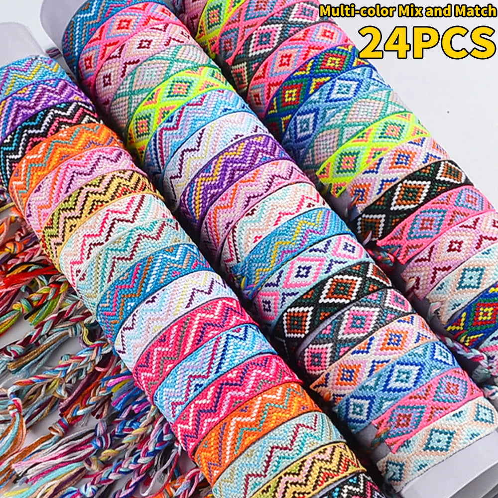12/24/36pcs Random Bohemian Woven Bracelet Set with Tassel Colored Hand Woven Bracelet, Adjustable Ethnic Style Jewelry