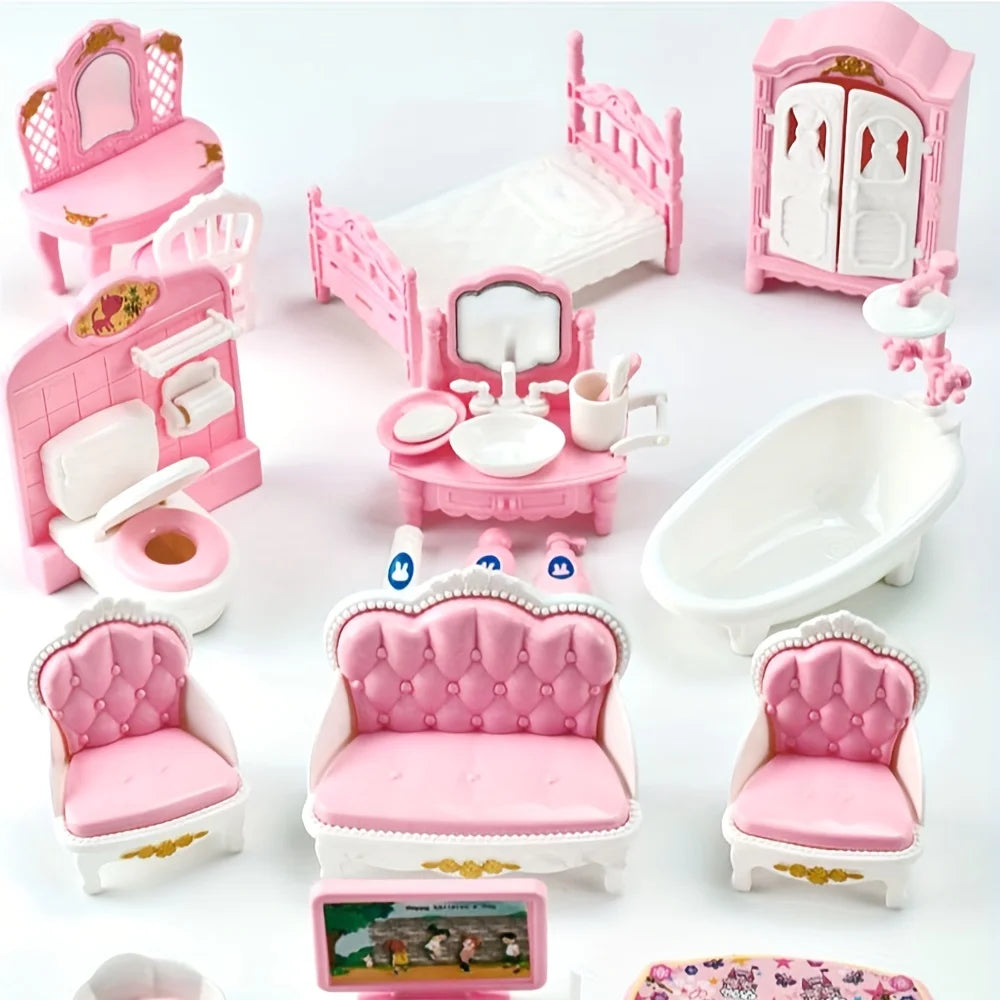 Pink Miniature Dollhouse Furniture Accessories Set Mini House Furniture Room Collection with Bedroom Living Room Kitchen Bathrom