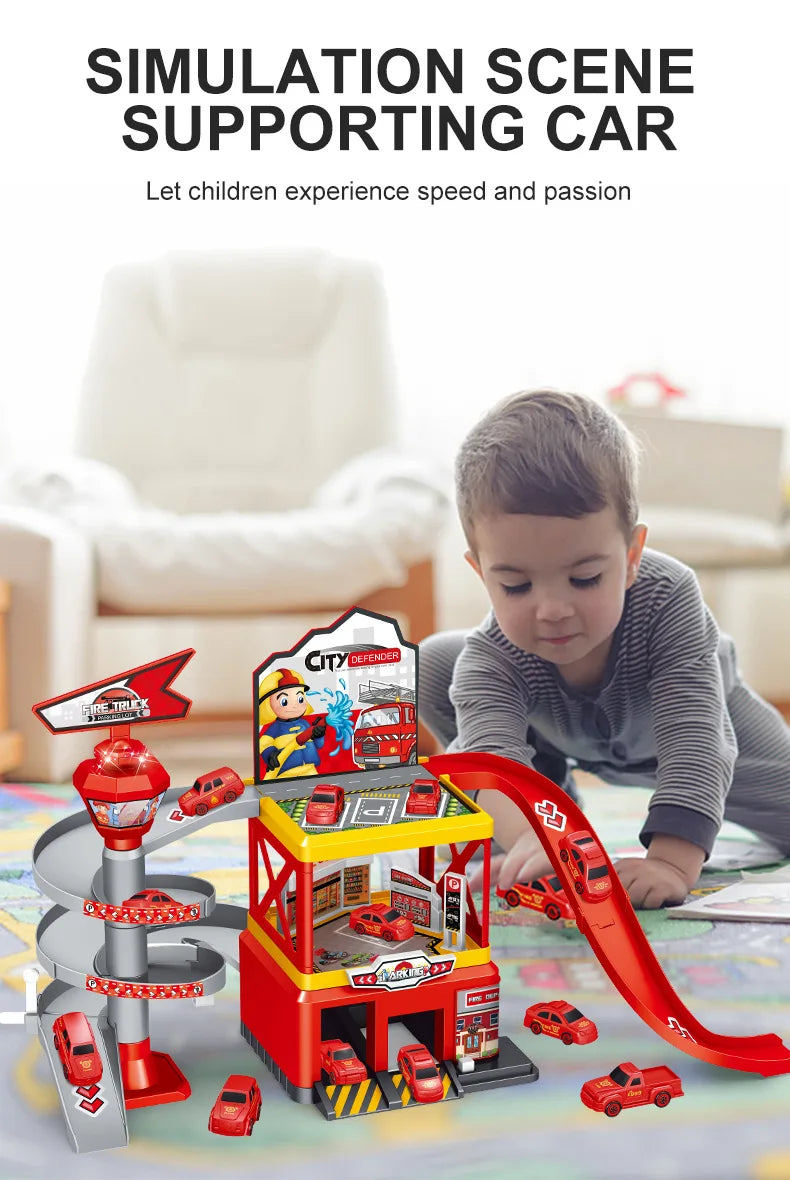 Kids Racing Track with Mini Cars Sliding Parking Lot Toys Multi-Storey Car Parking Fire Police Engineering Vehicle Boy Xmas Gift