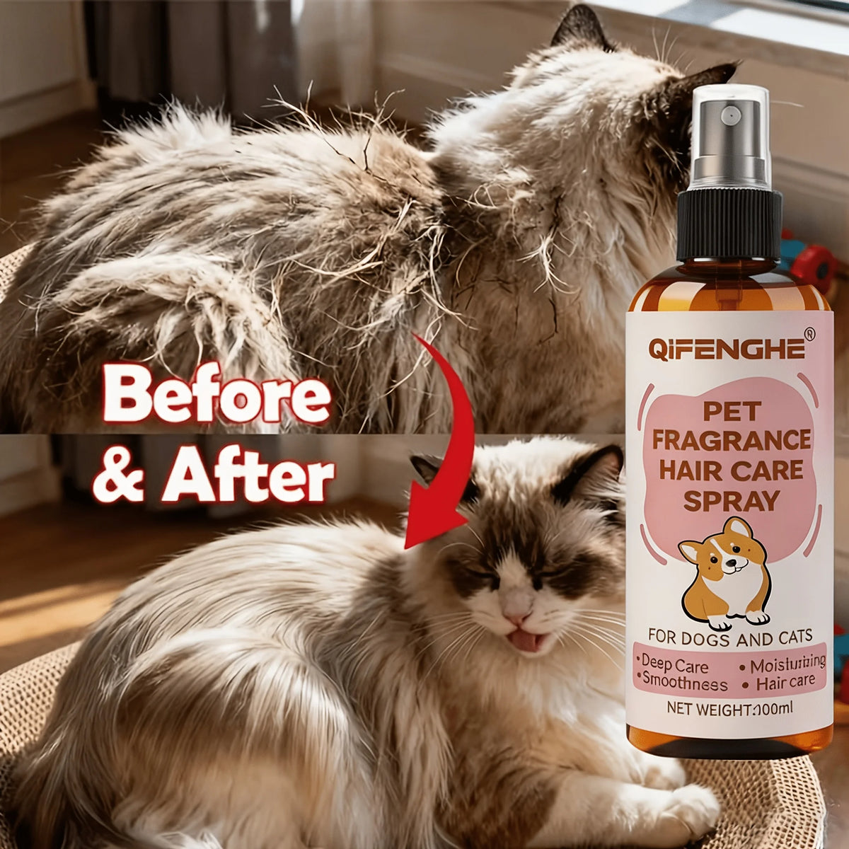Pet Hair Care Spray 3.38 Oz Fur Conditioner for Dogs And Cats Instant Frizz Control Smooth Coat Deep Nourishing Detangling
