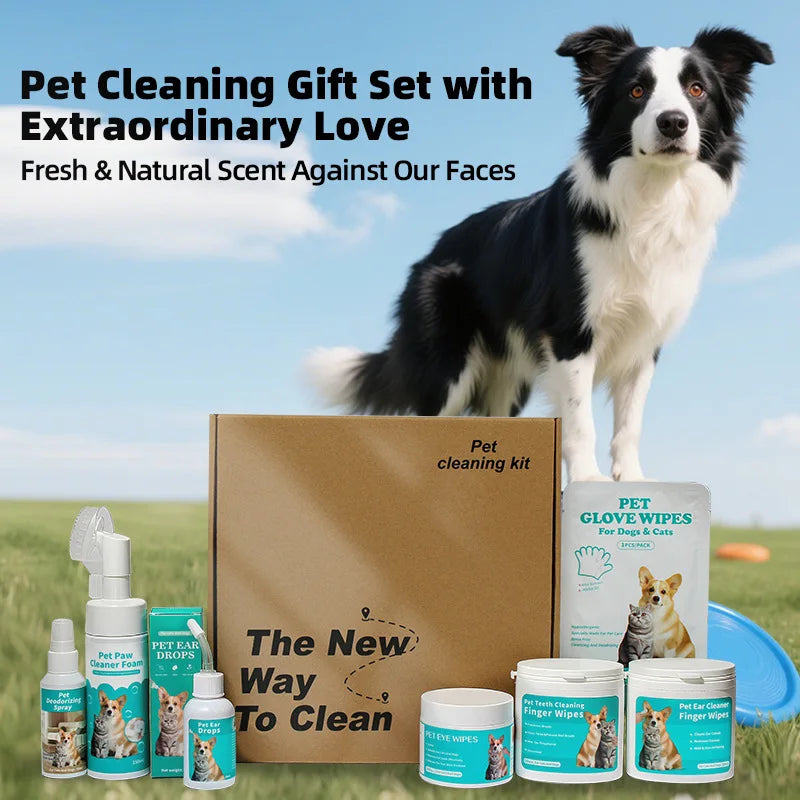 Pet Cleaning Kit for Dogs Cats No Rinse Wipes Set Eye Ear Teeth Paw Cleaner Deodorant Spray Drops All in One Pet Care Supplies