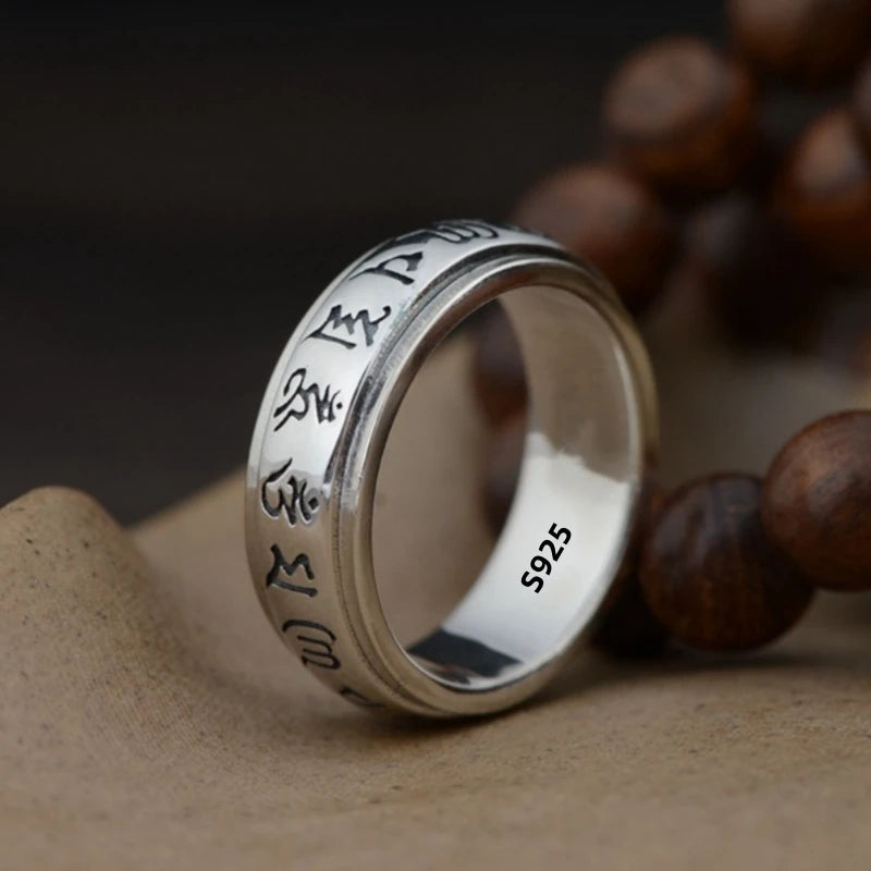 Factory Price S925 Silver Sanskrit Mantra Rotating Men's Ring Literary Simplicity Retro Personality Ring Jewelry Creativity Gift