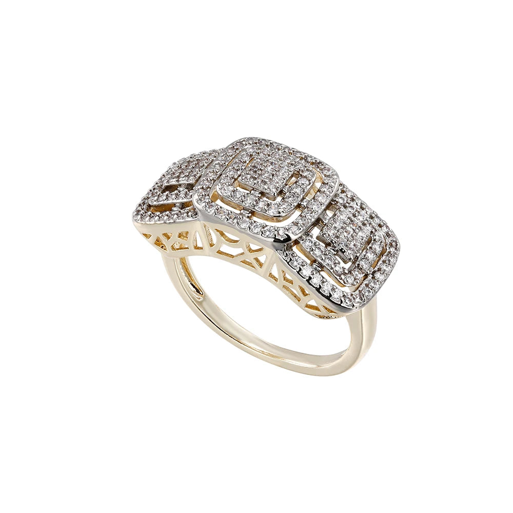 Square inlaid zircon large earrings and ring set copper-plated 14K gold ladies elegant fashion jewelry three-piece set