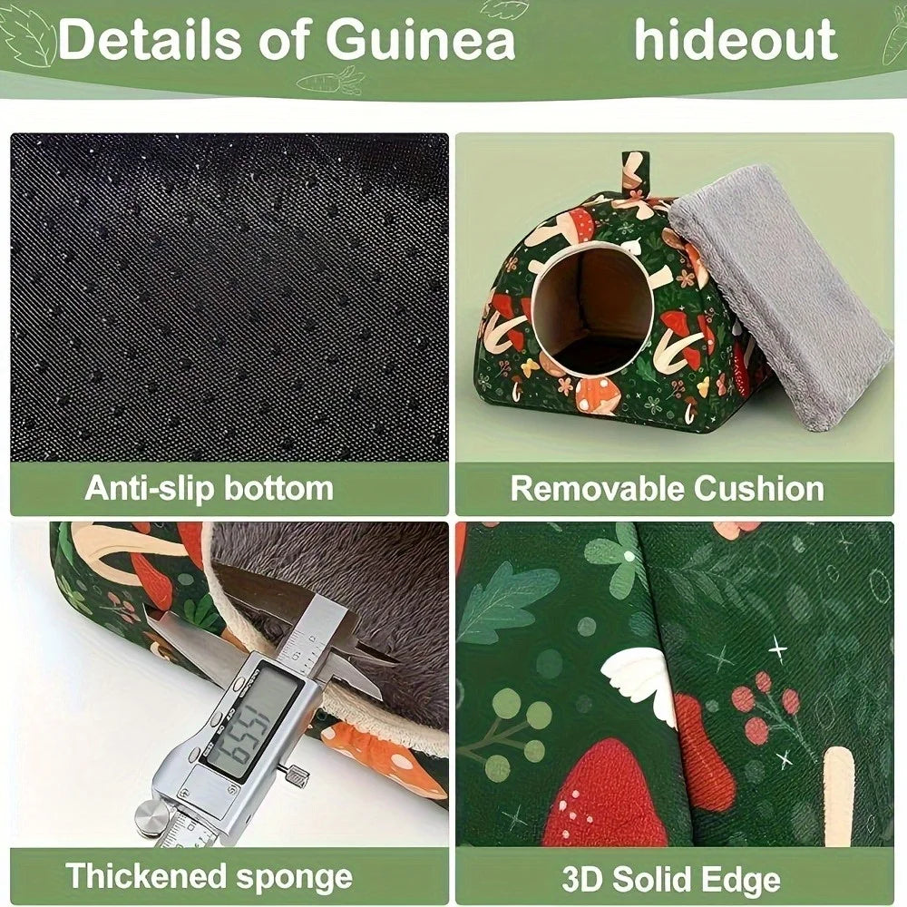 2PCS Glitter Soft Guinea Hideout & Tunnel - Washable Pet Bed with Adorable Mushroom & Flower Design for Hamster Rabbit Small Pet