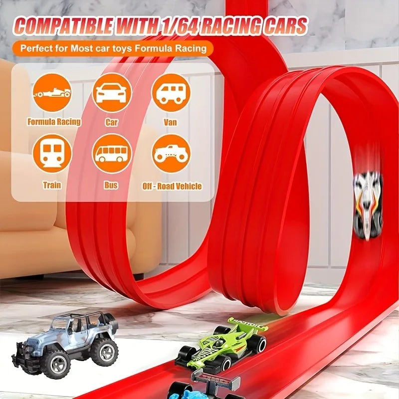 Parent Child Interactive Racing Car Flexible Track Roll Up Double Track Suction Cup Screen Free Educational Kids Gift
