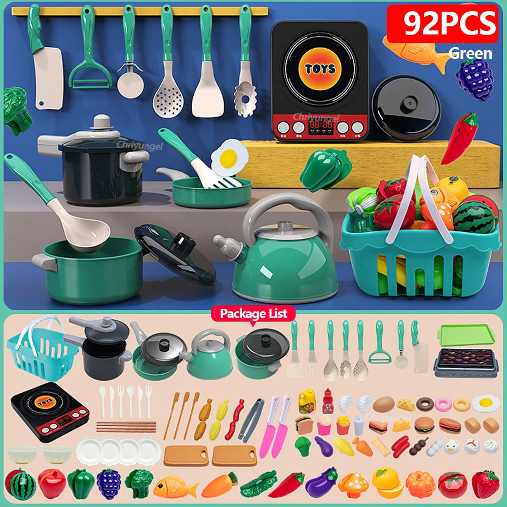 Kids Play Kitchen Toys Set Mini 92/69/59 PCS Pretend Cooking Food with Pots Pans Utensils for Toddlers Girls Boys Children Gift