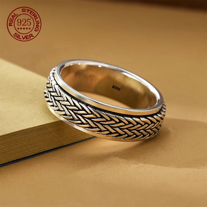 Rotatable S925 Sterling Silver Ring for Men  Vintage Retro Stars Auspicious Cloud Couple Band Women Index Finger Accessories