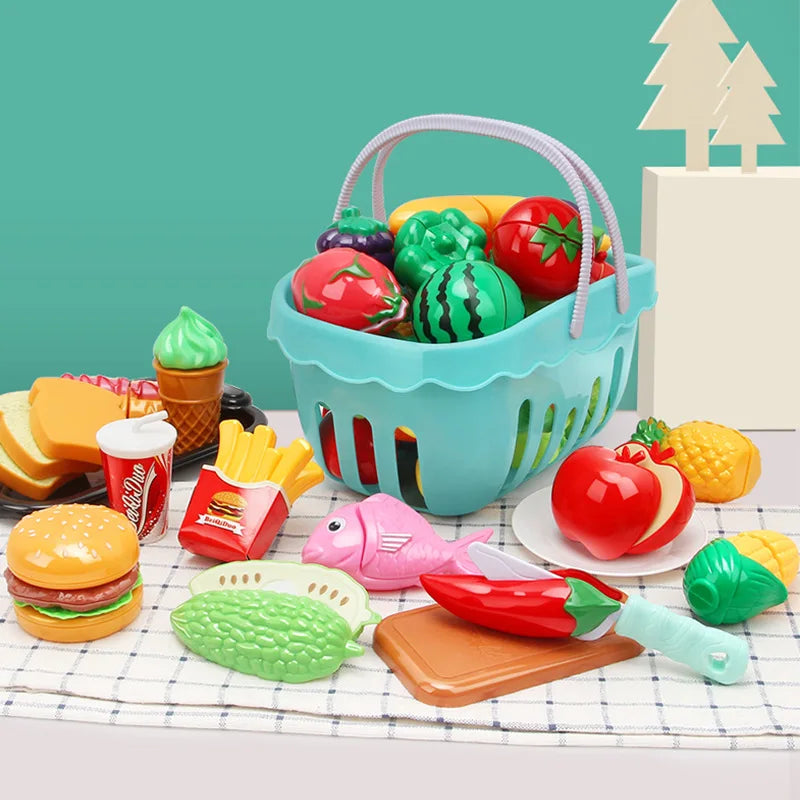 Kitchen Play House Toy Set Simulation Basket Fruit Vegetable Food Cutting Game Educational Kids Montessori Learning Girls Toy