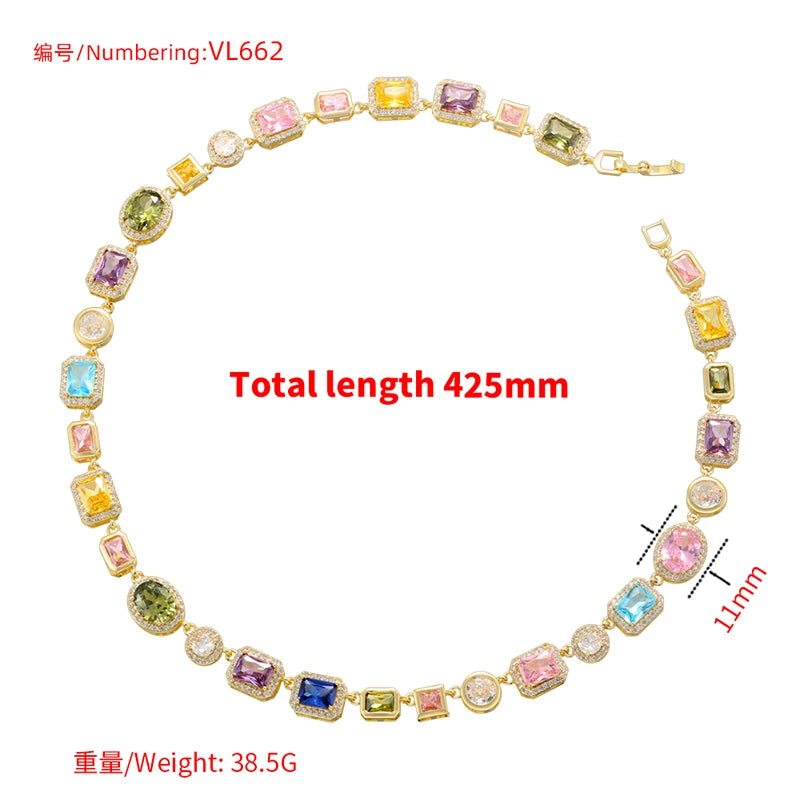 Colorful Mosaic Geometric Zircon Bracelet/Necklace Set Hip-Hop Retro Unisex Couple's 18K Gold-Plated Brass Jewelry:VL661 VL662