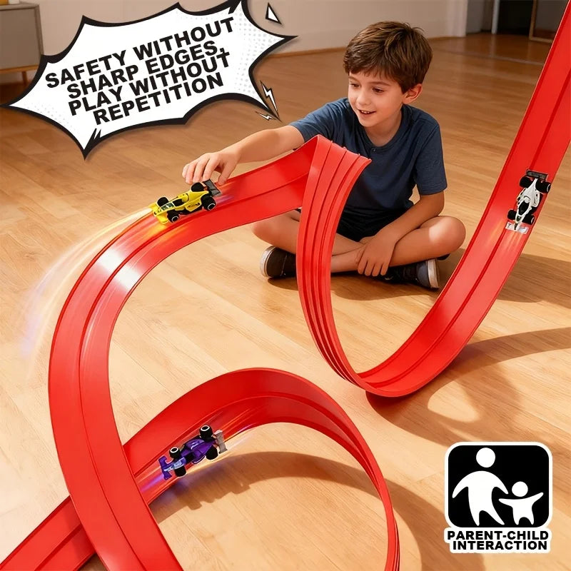 Flexible Race Track Toy Set | 4 Cartoon Cars, 360° Bendable Track, Indoor & Outdoor STEM Play