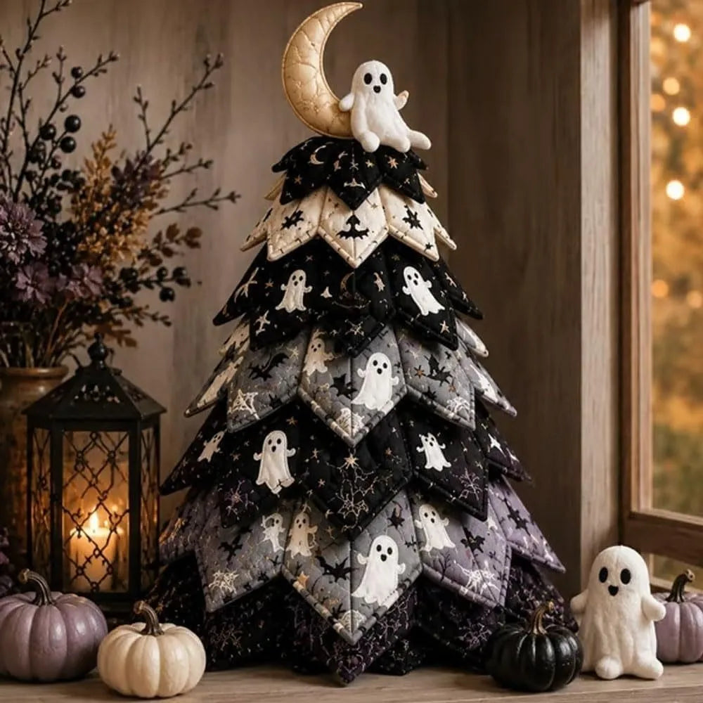 Vintage Halloween Quilted Fabric Tree Kit Pumpkin Ghost Black Cat Spider DIY Patchwork Tabletop Tree Set Tree Ornament 3D Thick