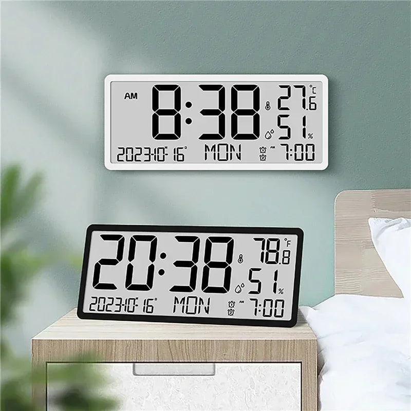 Battery Powered Large Screen LCD Digital Desktop Clock Temperature Humidity Electronic Clock Date Week Time Mute Wall Clock