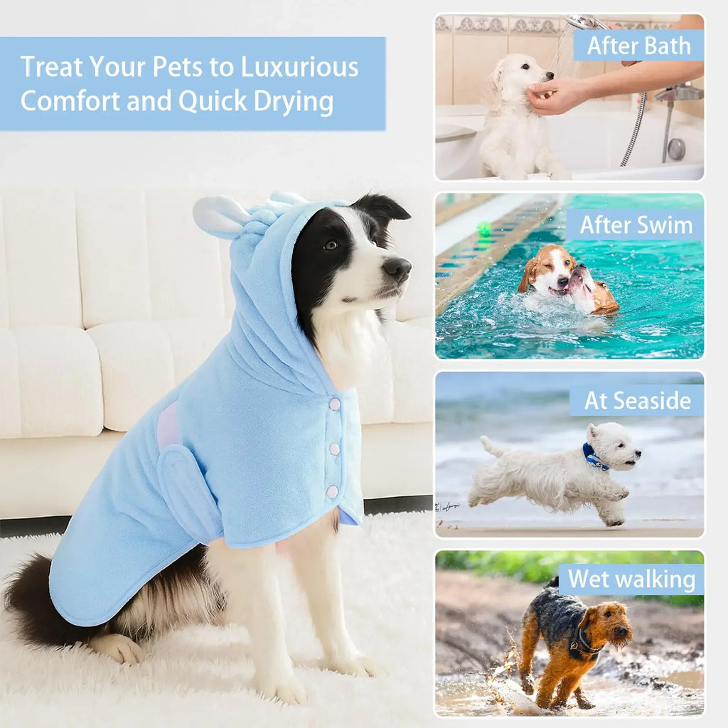 Pet Bathrobe for Dogs and Cats Super Absorbent Pet Dog Bath Towel Hooded Coat Adjustable Collar and Belly StrapXS To L
