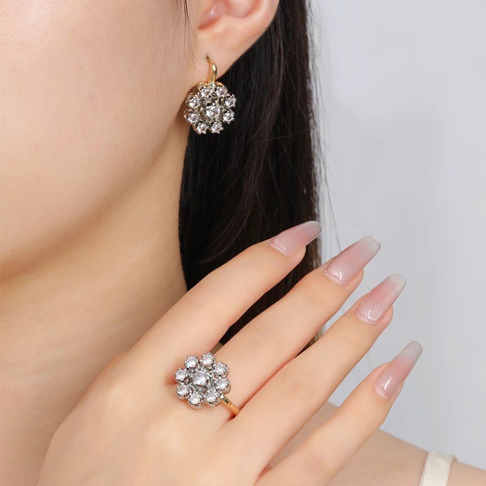Hollow vintage inlaid zircon two-color earrings ring set copper plated 14K gold fashion jewelry party daily banquet holiday gift