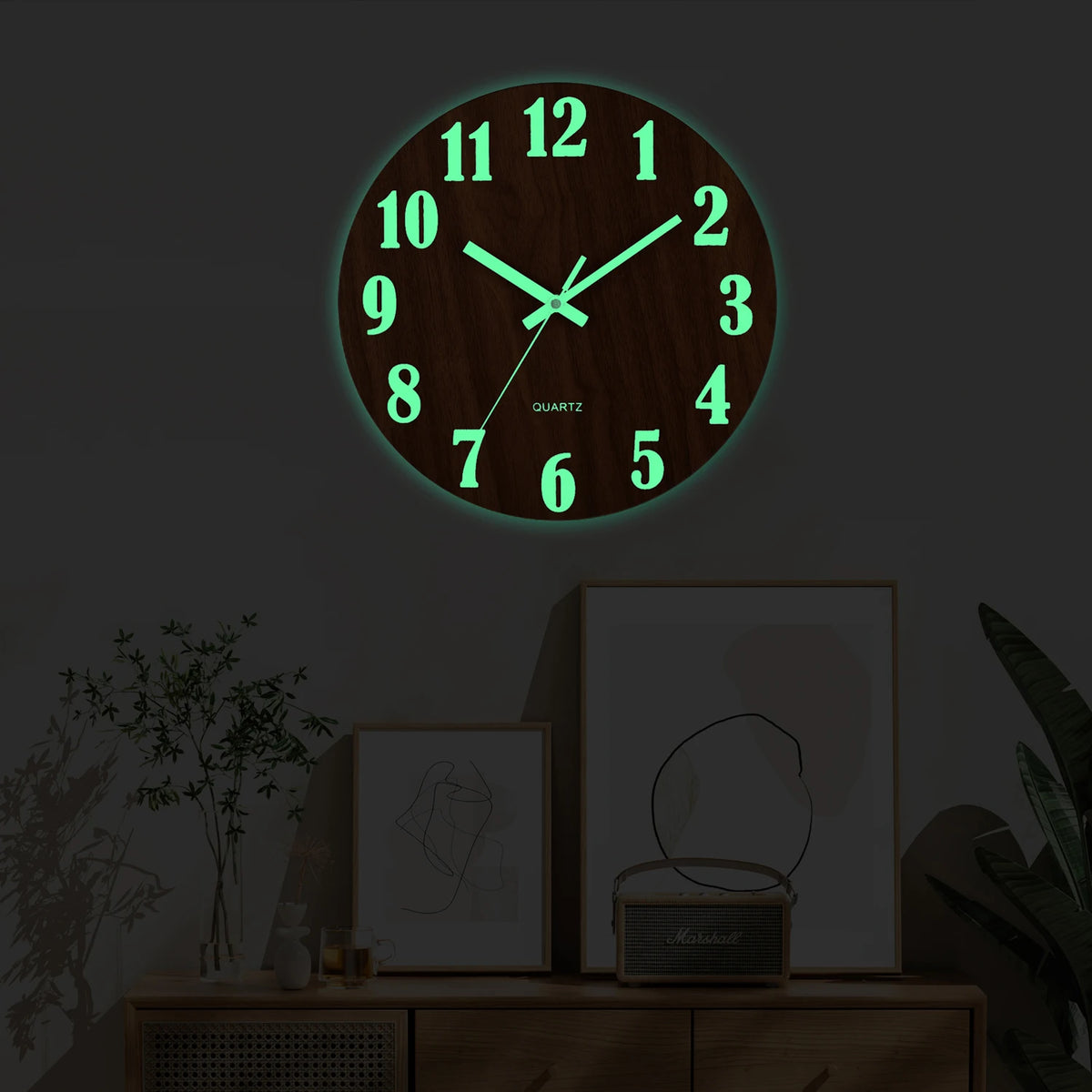 12 Inch Luminous Wall Clock Wood Silent Light in Dark Night Nordic Fashion Wall Clock Non Ticking Clock With Night Light