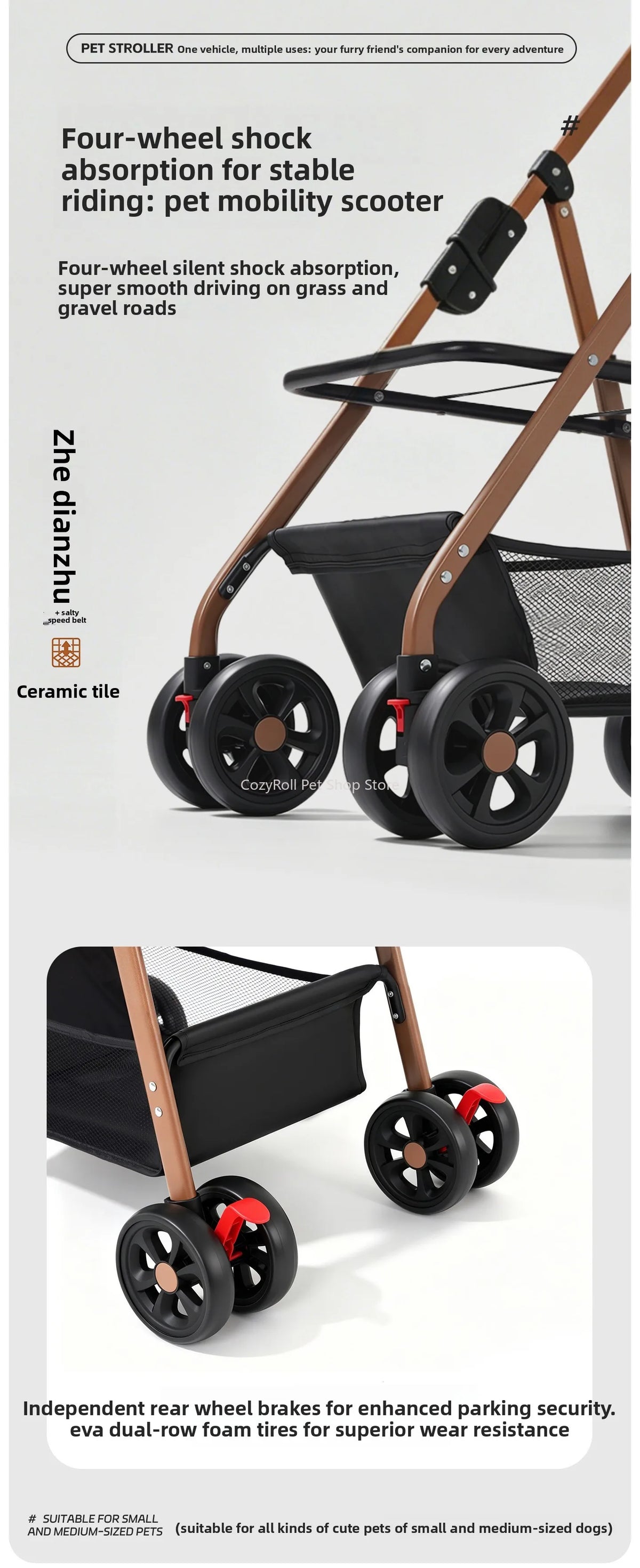Lightweight Small Pet Stroller for Dogs & Cats 50 Lbs Capacity Aluminum Alloy Puppy Stroller with Detachable Storage Basket
