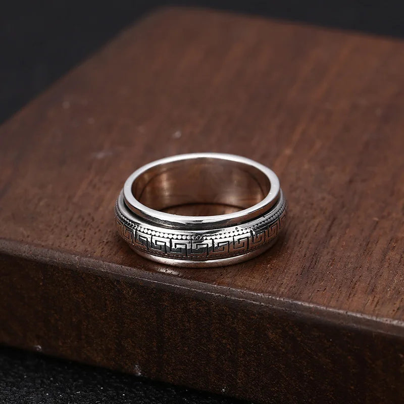 Factory Price S925 Sterling Silver Great Wall Pattern Spinner Ring Men Women Real Silver Double-layer Rotatable Rings Jewelry