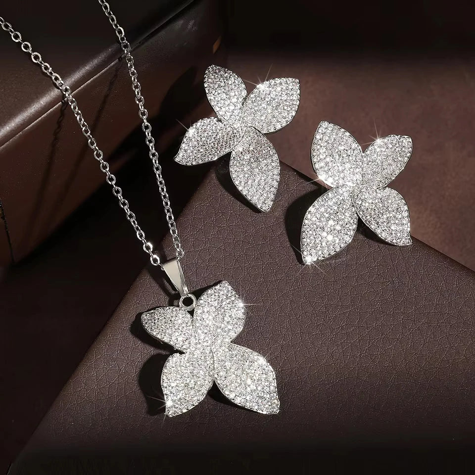 ZAKOL Luxury Micro Pave Setting Cubic Zirconia Leaf Earrings Ring Bracelet Necklace Gorgeous Dubai Jewelry Set For Dinner Party
