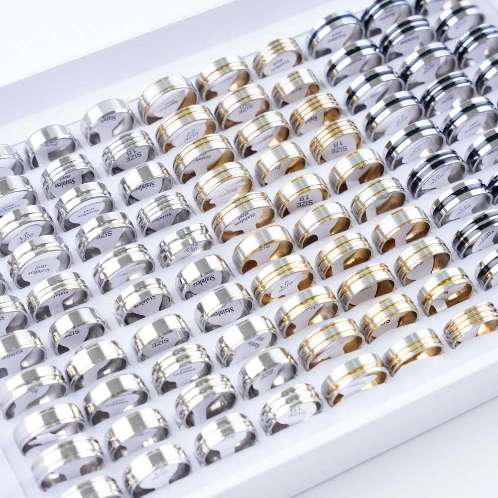 10/20/50/100Pcs/Lot Fashion Stainless Steel Stripe Heart Hollw Rings For Men Women Mix Style Simple Jewelry Party Gifts